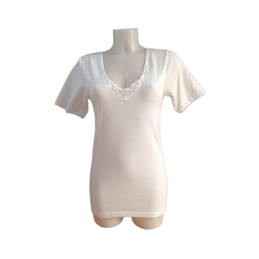 Maglia intima Donna Lana cotone Mezze maniche Laiole Ricamata