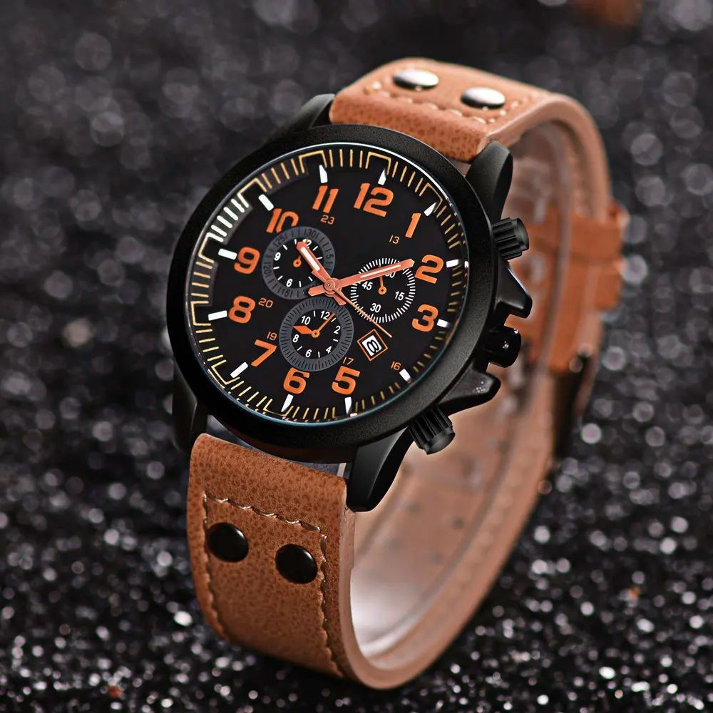 Liandu Orologio Uomo Al quarzo Analogico Pelle Acciano Khaki